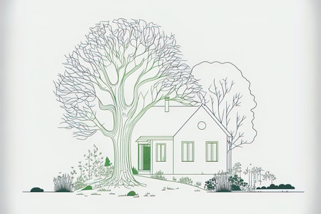 Continually drawn in one line is a little green home in a hamlet with trees in the garden. Conceptual illustration of a minimalistic natural dwelling. contemporary single line graphic illustration deの素材