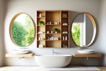 In a contemporary clean interior design for a beige bathroom there are two vanities with two trendy round mirrors a panoramic view an oval white bathtub and shelves. minimalist design ideaの素材