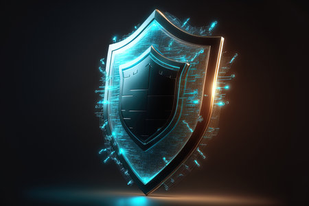 Safety and web protection concept with a creative glowing shield circuit security hologram on a murky backgroundの素材