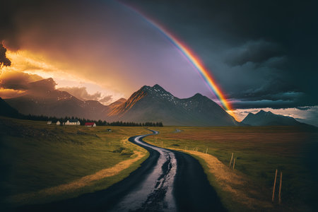 Amazing mountain scene in the summer. lush grassy pastures with gorgeous twilight light. a rural road with a stunning rainbow under a dark sky. photography of the outdoorsの素材