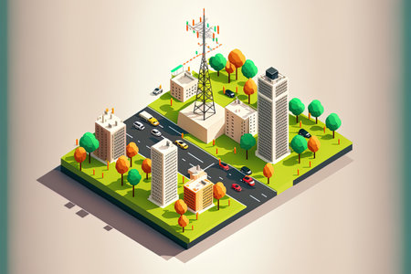 Conceptual template showing city structures surrounded by cell towers. Scene for mobile wireless technologies public internet access and cellular networks. contemporary isometric image for aの素材