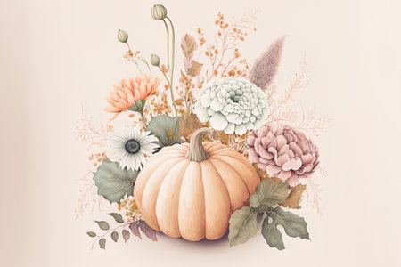 Drawn character art of a pastel pumpkin and flower arrangement For autumn use a watercolor style harvestの素材