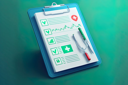 Clinical record symbol on a blue medical clipboard with a green backdrop. Form for health insurance. prescription and medical report with checkmarksの素材