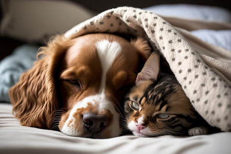 A cute kitten snoozes behind the ear of a young English Cocker spaniel. Pets snooze on a bed at home beneath a white cozy blanketの素材