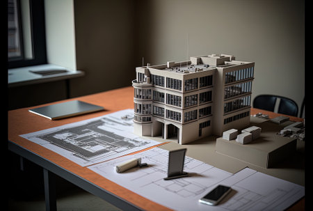 A tabletop building model and construction plan are shown in an empty architectural office. Nobody in the office is using a computer or any of the tools used for planning cities or designing buildingsの素材