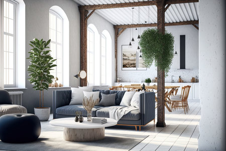 A chic modern studio apartment with wooden columns in the loft style brick marble and wood decorations chic furniture and white wallsの素材