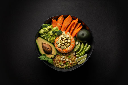 Bowl Buddha. Buckwheat pumpkin chicken fillet avocado carrots. On a black background. Top view. Free space for your textの素材