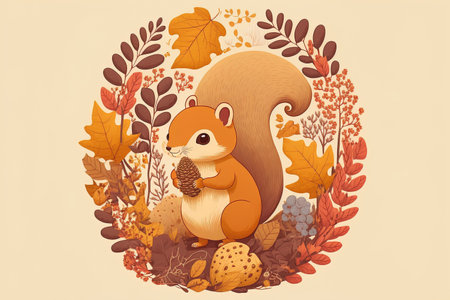 A sweet squirrel with a mushroom leaves berries and tree branches make up this autumnal picture. Cute Autumn in anime style ideal for websites harvest festivals banners cards and Thanksgivingの素材