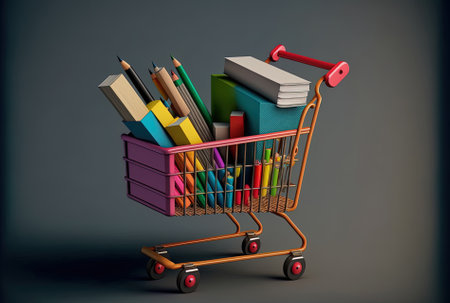 A replica of the text area with colorful school supplies in a shopping cart is displayed against a gray background. a collection of books with vivid covers. the idea of starting a new academic year inの素材
