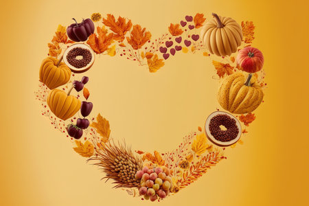 Autumn harvest celebration frame in the shape of a heart with foliage flowers berries grain and nuts. Thanksgiving and Halloween in nature Anime style gradient copy space on a yellow backdropの素材