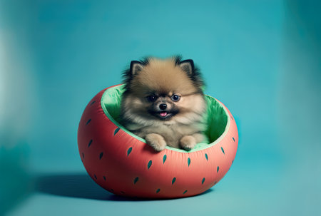 A summer vacationing tiny pomeranian puppy is portrayed inside an inflated watermelon. solitary on a blue backdropの素材
