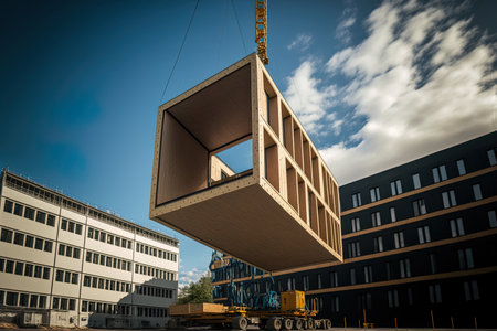 A wooden building module is raised by a crane and placed into the framework. Berlin office building under construction. Modular wood construction will be used to build the new buildingの素材
