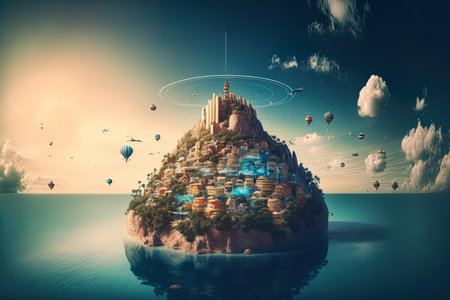 A wireless communication network and smart city are shown on a fantasy island that is floating in the airの素材