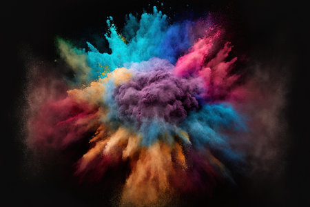 An abstract burst of colourful dust against a dark background. Abstract background with powder splatters freeze motion of color powder exploding throwing and glitter texture in various colorsの素材