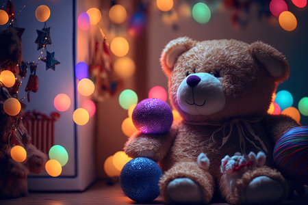 Beautiful holiday backdrop with lights and toys in the background. the idea of welcoming and observing a new yearの素材