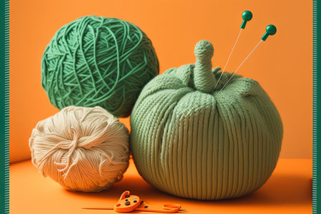 Autumnal composition with knitted green and beige pumpkins and a green ball of thread and crochet hook on an orange backdrop. Halloween themed animationの素材
