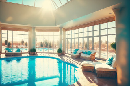 Beautiful indoor pool with bathtub rattan couches huge windows with panoramic views lighting and loft style decorの素材