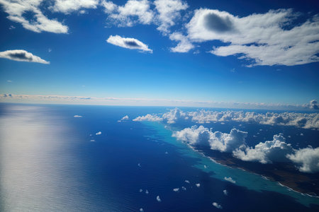 An aerial view of the sky. cloud covered blue sky above the ocean from above. above the water a skyscape. photography from the airの素材