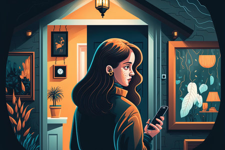 A young woman is seen at home using a security program on her smartphone. idea of maintaining and regulating home security with a mobile deviceの素材
