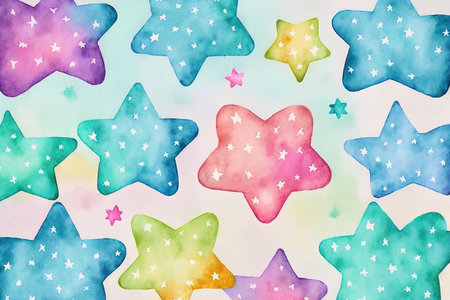 Background in watercolor. continuous design with colorful stars hearts and dots in it. Perfect for wallpaper textiles and fabricsの素材