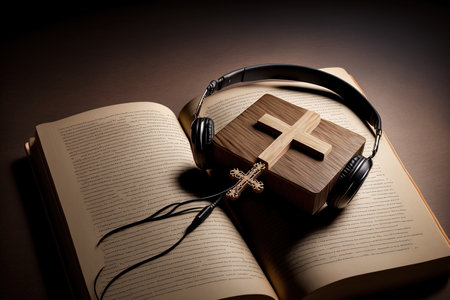 Christian notion of reading the holy bible while listening to the voice of God through a headphone and a wooden crossの素材