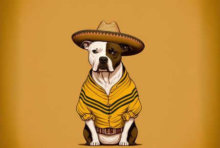 American staffordshire dog dressed as a mexican for carnival or Halloween. solitary on a yellow backdropの素材