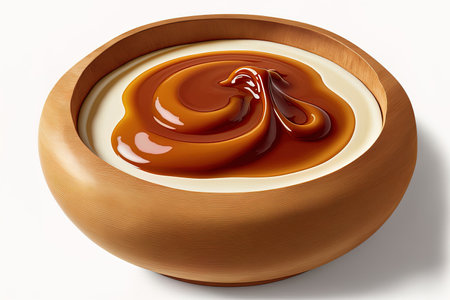 An single white background surrounds a wooden bowl filled with handmade dulce de leche condensed cream or pasty caramelの素材