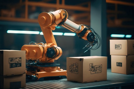 A programmed robot arm packs metal components into a cardboard box at an industry 4.0 modern factory. Machines on the production line pick and pack products into conveyor mounted packages. Robotics inの素材