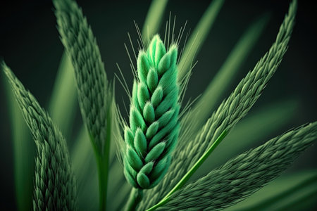 Barley and macro wheat. Beautiful green wheat is growing in a field in a rural setting. unripe green cereals. the idea of organic food healthy eating and agriculture. little spike letの素材