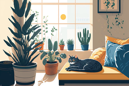 A healthy cat is dozing by a window with morning sunshine in a realistic bright and colorful living room with a cozy cushion bench seat and stylish houseplants. Space and homeの素材
