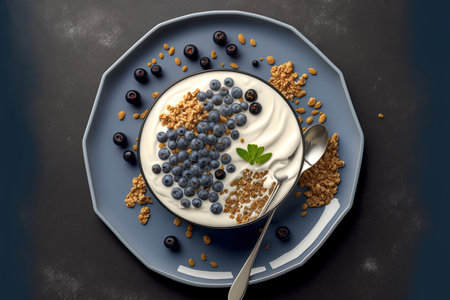 Breakfast yogurt dish top view gray backdrop with granola blueberries and maple syrup. notion of healthy foodの素材