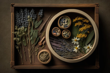 Bunches of therapeutic herbs healthy plants and flowers all dried stuffed into a wooden container. Herbal supplements as a possible alternative treatment. This is a fantastic vantage point. Simplyの素材