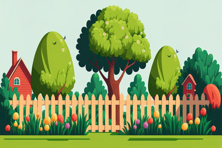 Backyard garden with wooden fence green shrubs and trees grass and park plants. either a spring or summer scene. Patio space for summer barbecue gatherings. art in a flat designの素材