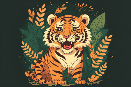 Born to roar a flat of a charming tiger with its jaws open is a cute animal character concept for children and young people. It can be used to create t shirts greeting cards nursery wall arの素材