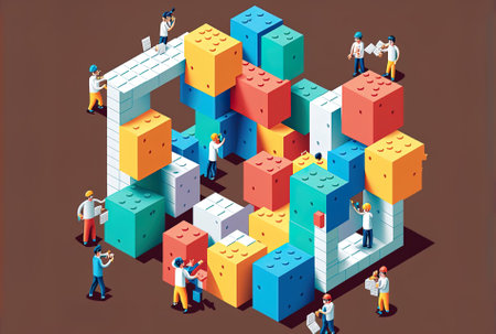 Business blocks are built using tiny characters. Putting portion structure by hand. system and structure in order. Conceptualization collaboration assistance to company construction. art forの素材