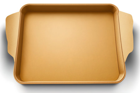 Brown parchment paper covering a baking pan isolated on a white backdrop. Prepare the baking and roasting trays in the oven. Food design rectangular baking pan. Cooking tools that are nonstick. lookiの素材