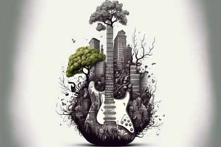 City and trees shaped like a guitar. Drawings innovative art concept illustrations and tattoo designsの素材
