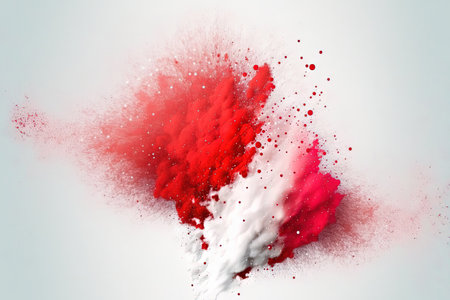 Background of white background with abstract red powder splatter freeze motion of color powder exploding throwing and color glitter textureの素材