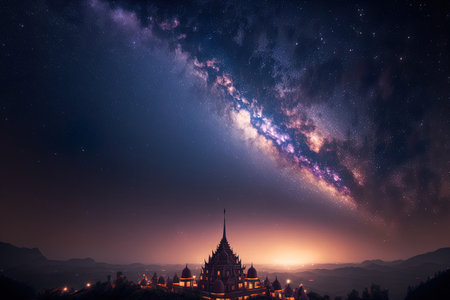 At Phutabberk Phetchabun in Thailand a magnificent night sky with the Milky Way galaxy and city lights may be seenの素材