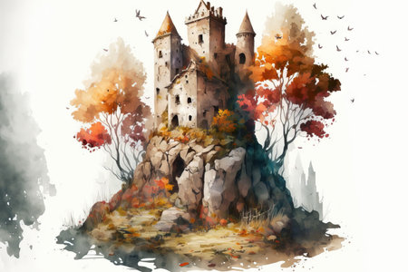An old castle perched on a rock is depicted in raster form. White bricks a royal residence a fortification a fall colored landscape with yellow and red leaves gabled roofs and a mansion. Imaginatの素材