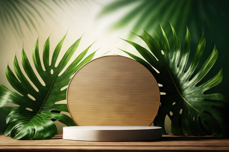 For the purpose of displaying products a realistic blank space on a natural hardwood platform with tropical fresh fan palm leaves is shown. Hawaii the sun a tabletop a podium s and beautyの素材