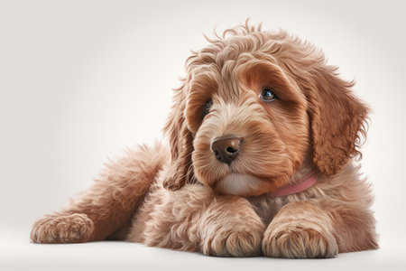 Adorable crimson apricot Puppy of a breed that combines the Australian Cobberdog with the Labradoodle lying down and looking forward. An open maw pink tongue protruding. Placed in a solitary contextの素材