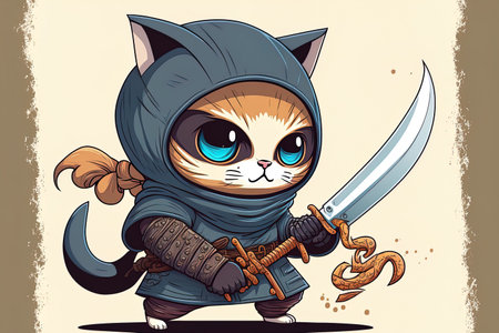 Cartoon icon depicting an adorable cat ninja clutching a sword. holiday symbol idea with animals isolatedの素材