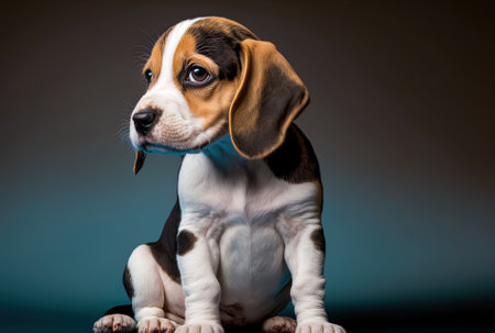 A tricolored Beagle puppy is posing. A adorable white tan and black dog or other pet is seated against a blue backdrop. looks depressed and anxious. studio photography. idea of motion action and mの素材