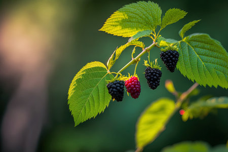 Black raspberry or blackberry branch with unripe red and ripe black fruit against a backdrop of green bush leaves wallpaper with text copy space. selective attention. excellent photographの素材