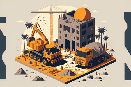Concept of a construction site. Excavators excavate cranes load blocks builders construct the foundation and concrete is poured from a concrete pump. Detailed scene in a drawingの素材