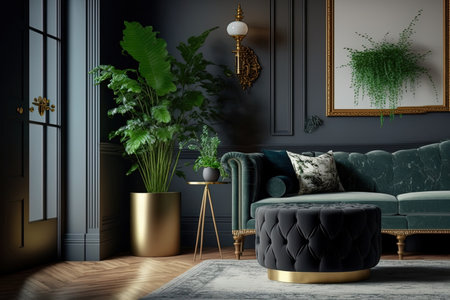Elegant furniture and decor including a chic velvet sofa a wooden stool a pouf plants a carpet and gold accents. Stylish living room in a historic home. Templateの素材