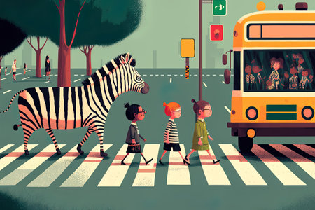 Cute schoolchildren crossing the street at a traffic signal and a zebra crossing on their way to classの素材