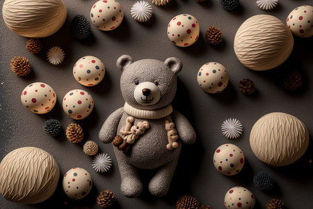 Bear toy and holiday ornaments from a composition holiday season winter and new year theme top view..の素材