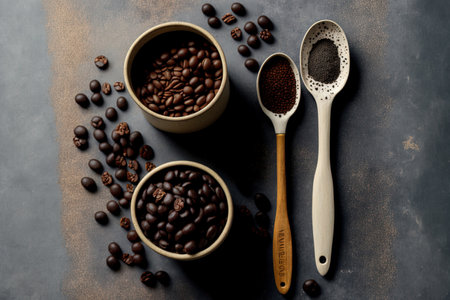 Coffee beans in a cup and wooden spoons in a high angle against a background of grey plaster. horizontalの素材